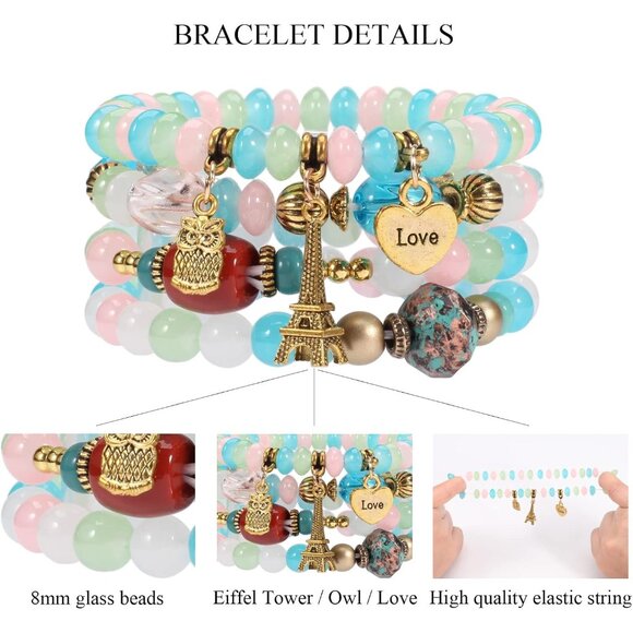 Bohemian Multilayer Glass Beaded Rubber Rope Chain Charm Stackable Bracelets - Picture 2 of 9